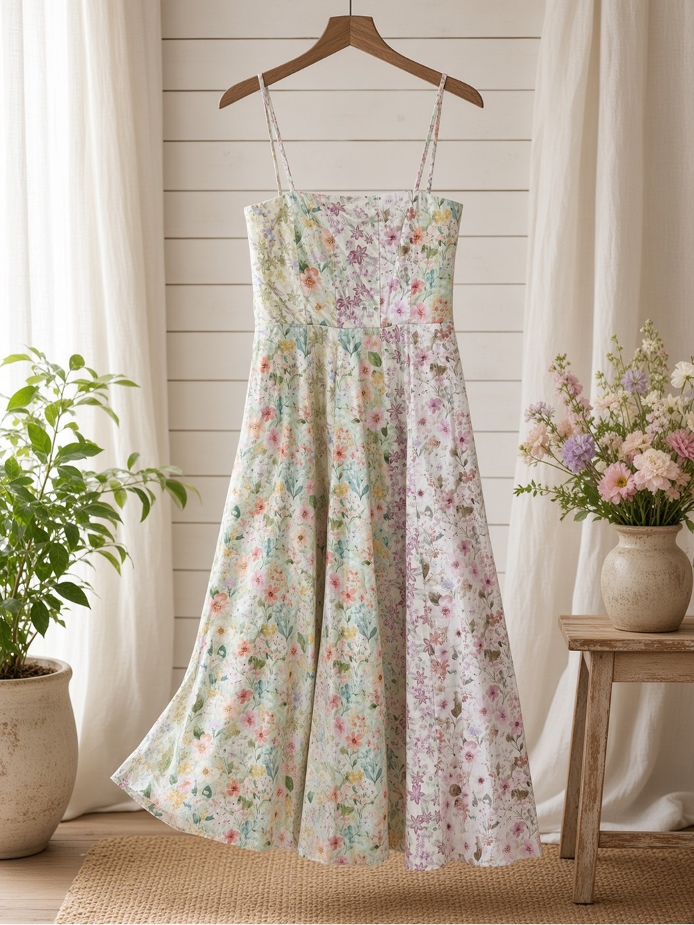 Mixed Floral Midi Dress Spaghetti Strap Pastel Print